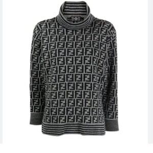 Fendi Vintage Gray & Black Zucca Monogram Wool Funnel Neck Sweater 4/6 US